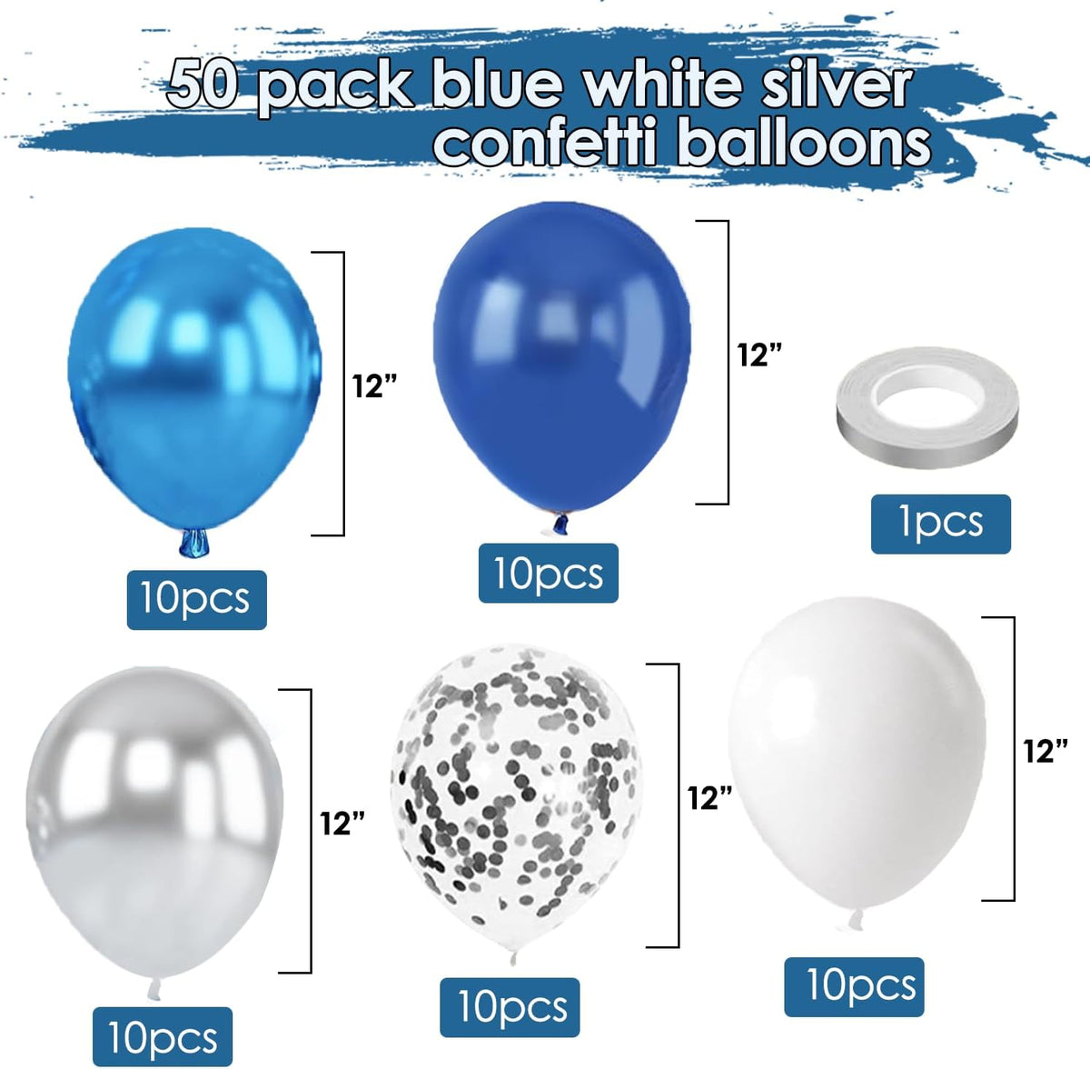 Blue White Silver Confetti Balloons, 50pcs 12 Inch Metallic Blue and Silver Balloons Clear White