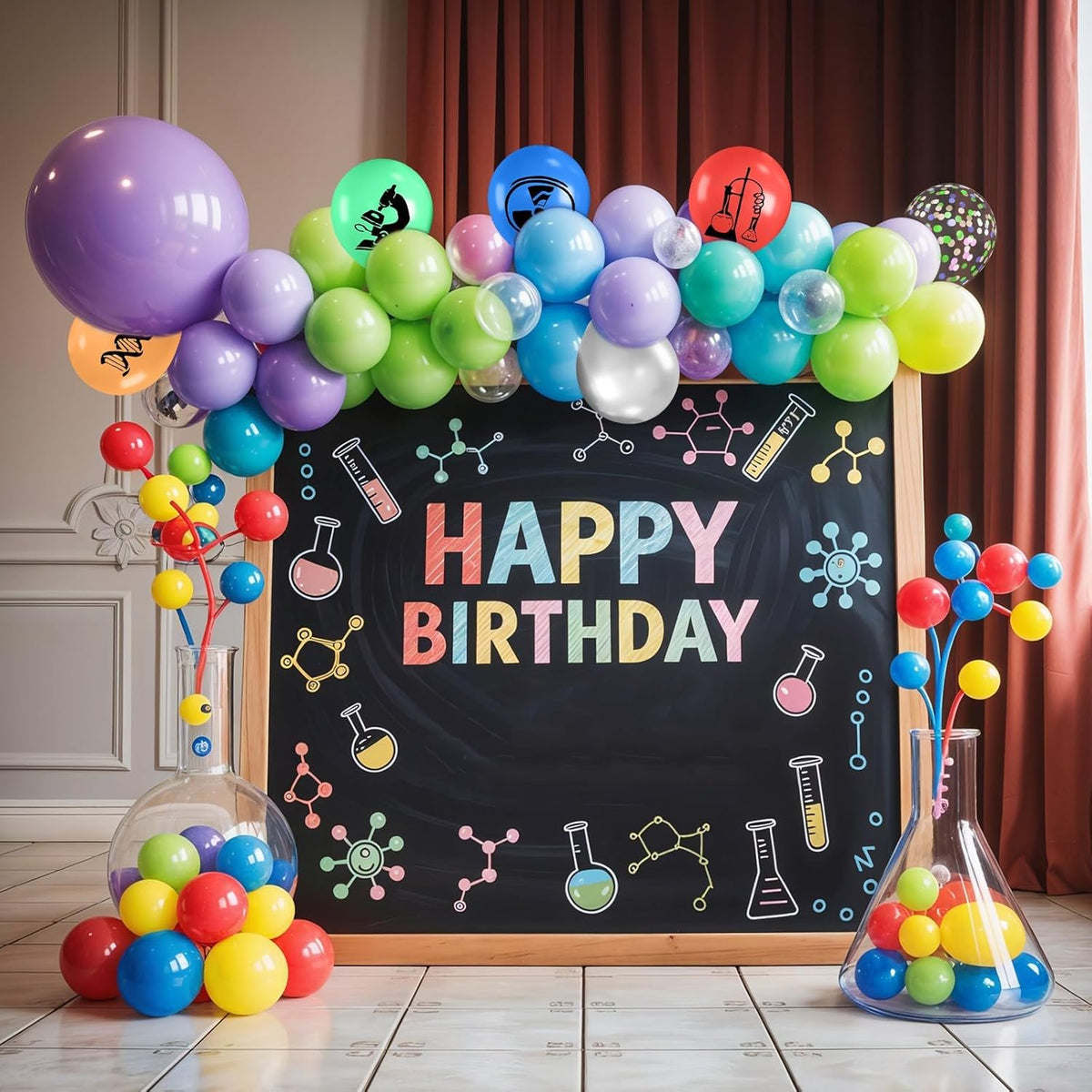 Science Party Balloons, 12 Inch Dark Light Blue Red Green Orange Metallic Silver Colorful Confetti