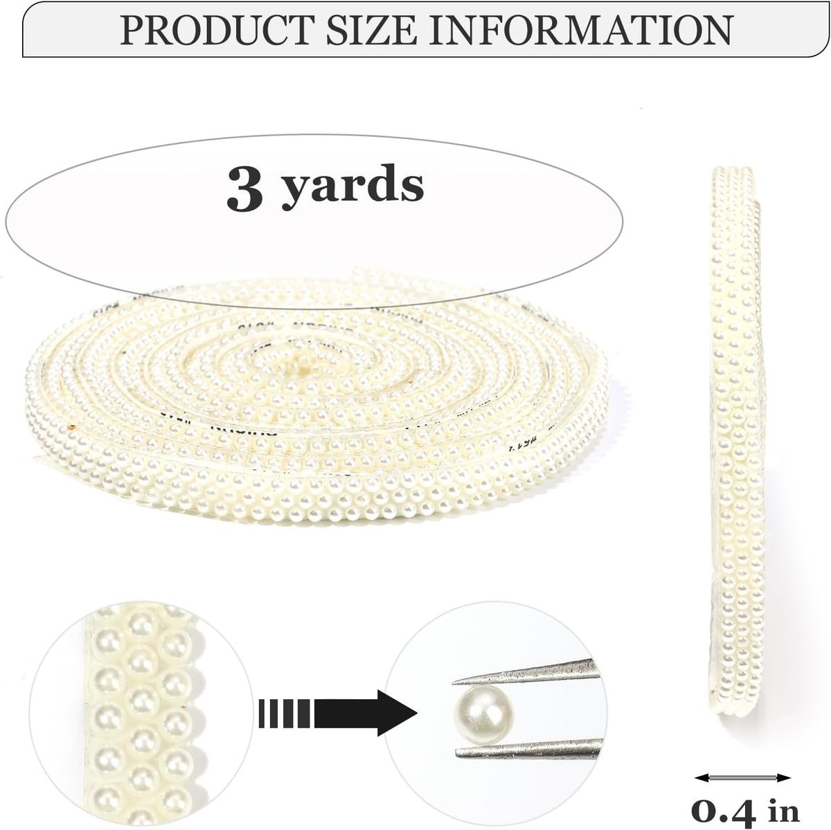 Off-White Pearls Ribbon 3 Yards Self Adhesive Pearls Strips Diamond Ribbon Sticker Crystal Roll