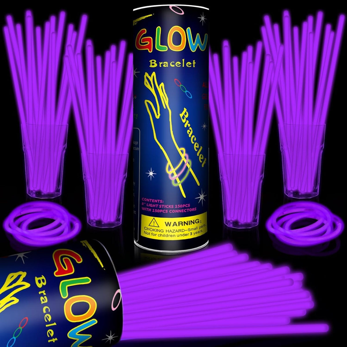 200 Pack 8'' Glow Sticks Bulk Party Favors Purple Light Up Sticks with Connectors Neon Glow in the