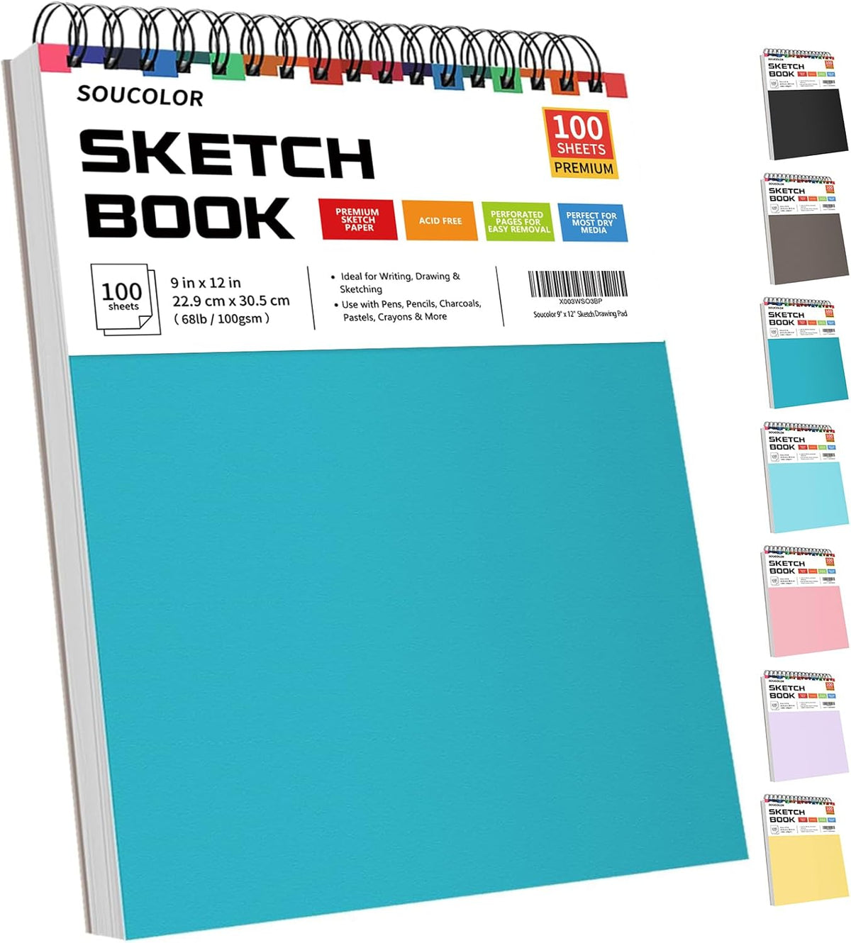 Soucolor School Supplies 9" x 12" Sketch Book for High College Teacher Student, 1-Pack 100 Sheets