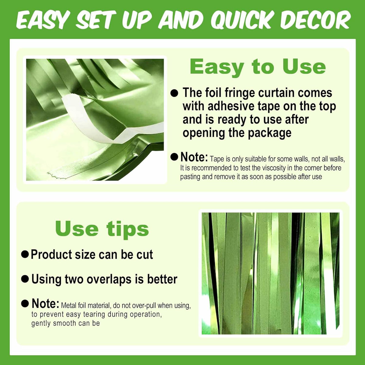 6 Pack Light Green Foil Fringe Curtains Backdrop, 3.28 x 8.2 Ft Metallic Streamers Tinsel Curtains