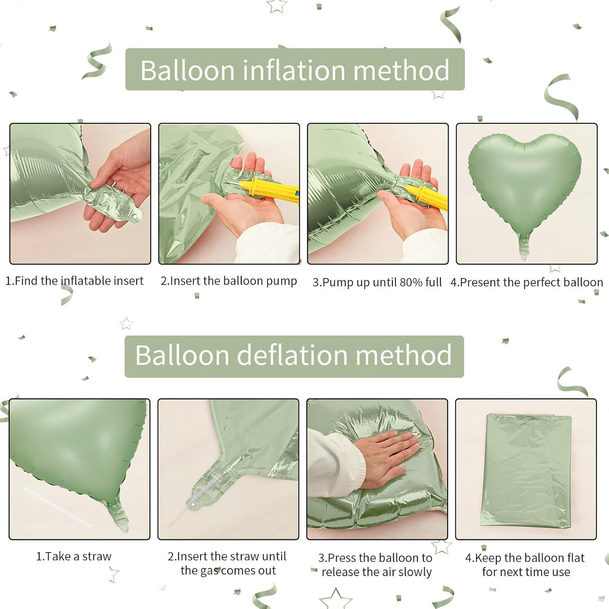 Sage Green White Heart Balloons, 10PCS Green Beige Foil Heart Balloons, 18inch Olive Green Cream