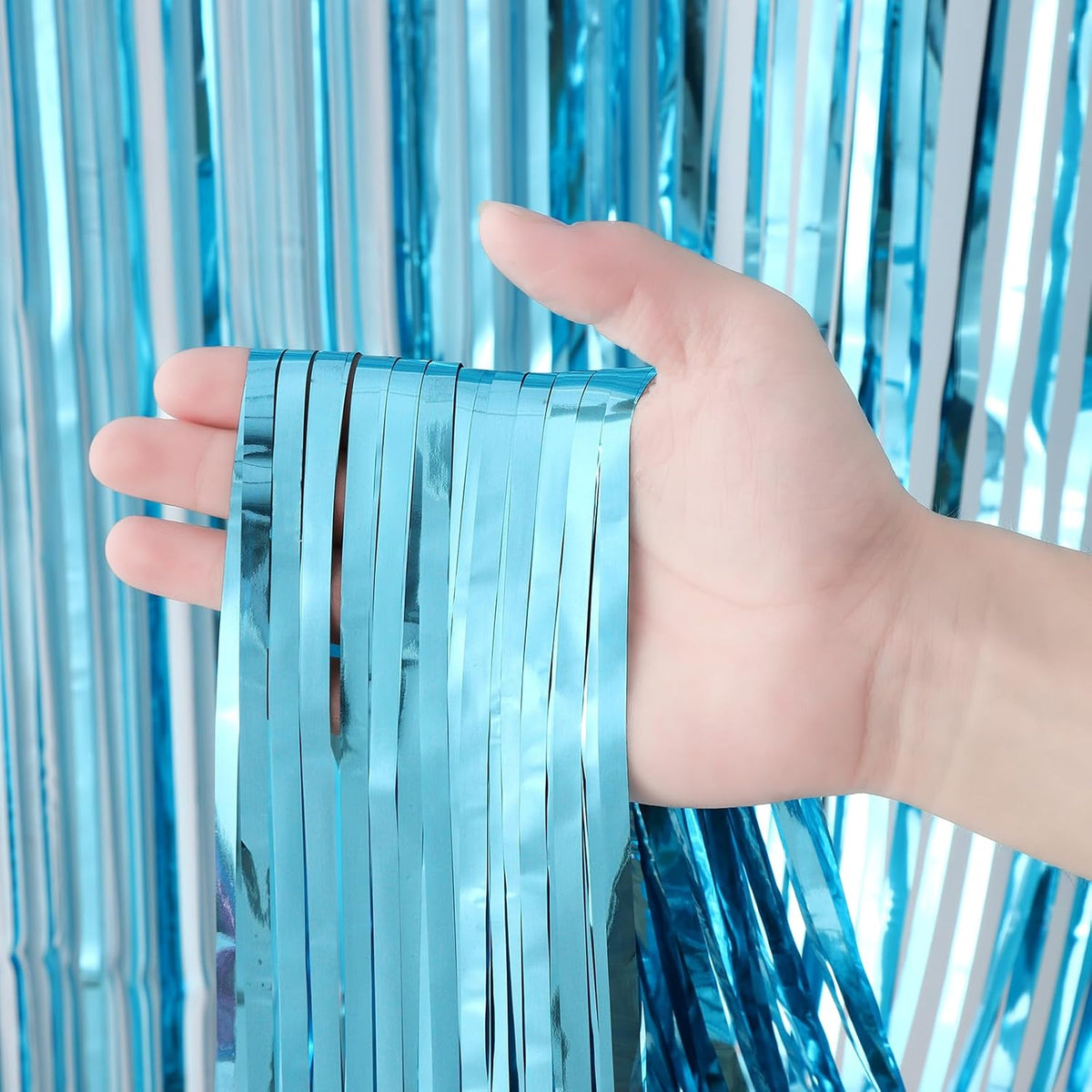 2 Pack Light Blue Tinsel Foil Fringe Curtains, Blue Party Decorations, Metallic Tinsel Party