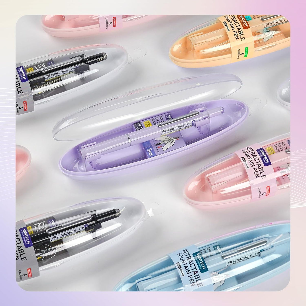 WRITECH Retractable Fountain Pen Set: Black Ink Fine Nib, 5 Refillable Ink Cartridges Included, No