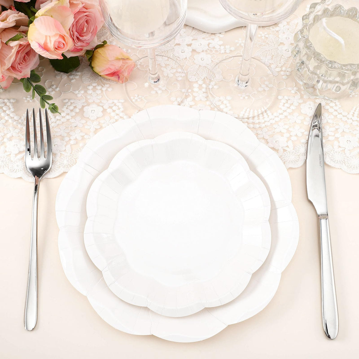 350 Pcs White Party Supplies Include Scalloped Paper Plates and Napkins