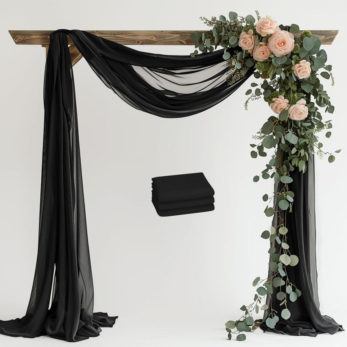 Wedding Arch Draping Fabric 3 Panels 28.7" x 20FT Black Sheer Chiffon Backdrop Drapes for Wedding