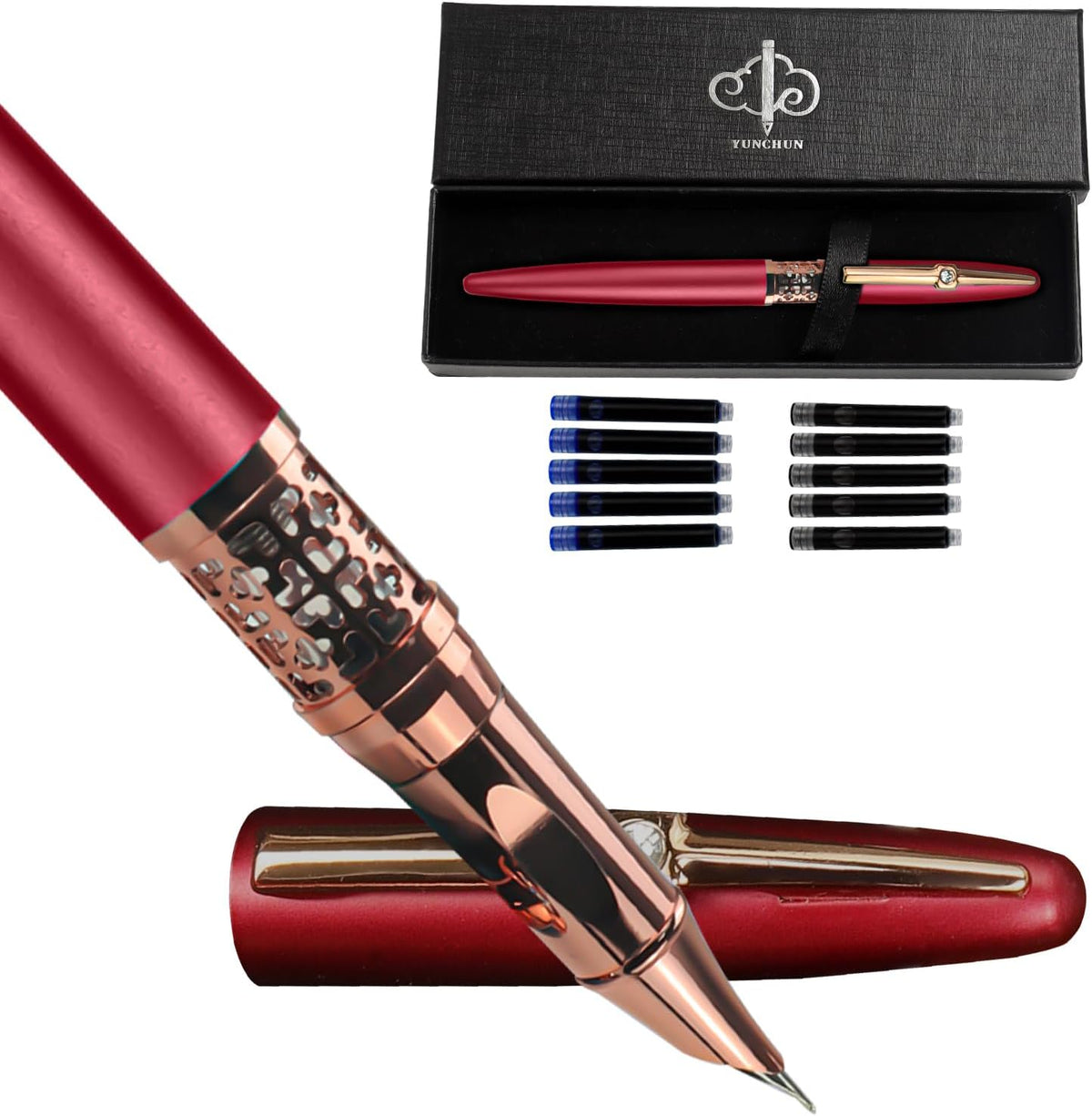 YUNCHUN Refillable Fountain Pen Fine Nib, Fancy Ink Pen with 5 Black & 5 Blue Ink Refills