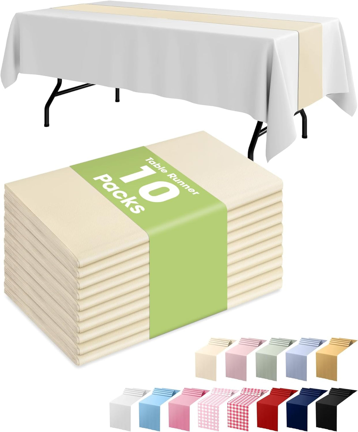 Pureegg Ivory Plastic Table Runners - 10 Pack, 14'' x 108'', Water Resistant & Disposable Cream