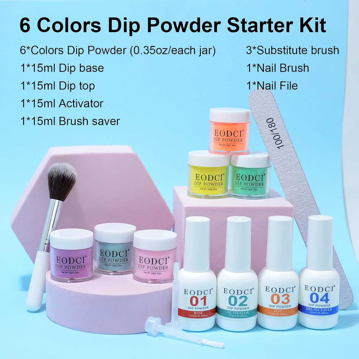 12 Pcs Dip Powder Nail Kit Starter, 6 Colors Pink Yellow Green Dipping Powder Kit With Base & Top