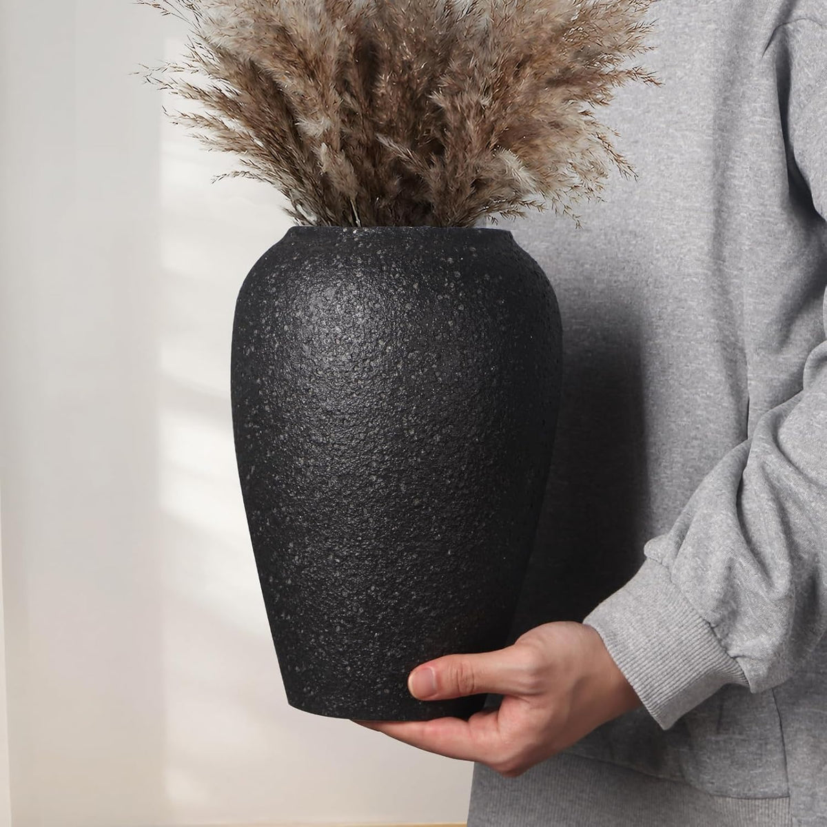 Large Rustic Vase for Flowers,10'' Black Farmhouse Ceramic Vases for Home Decor, Minimalist