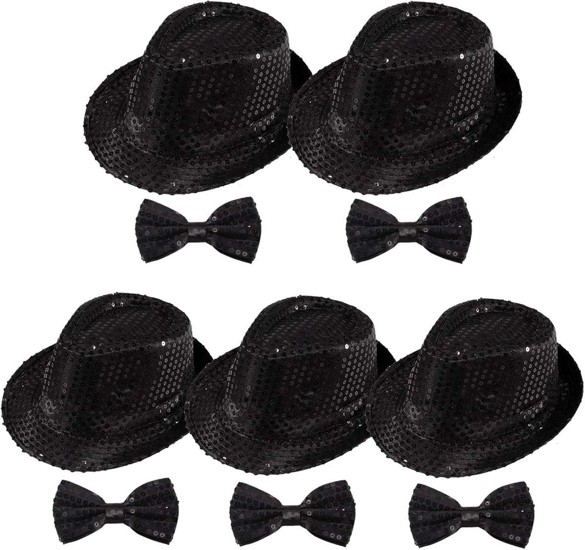 10 Pcs Unisex Sequin Fedora Hat Sequin Bow Ties Set Bling Retro Dance Jazz Cap Funky Party Costume