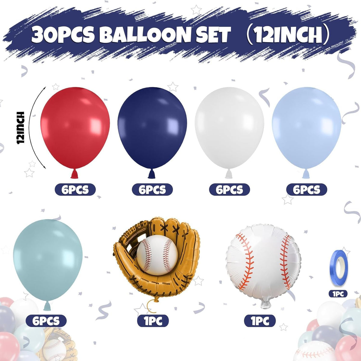 Baseball Balloons, 12 Inch Navy Blue Red White Light Dusty Blue Balloons with Baseball Gloves Ball