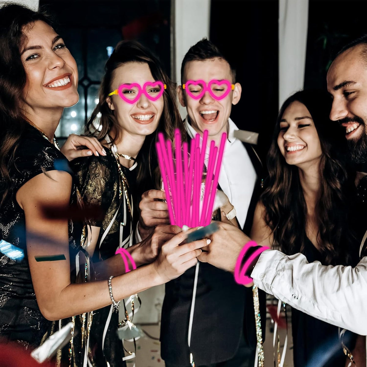 60 Pack 8” Pink Glow Sticks Bulk Bright Glow Sticks with 60 Connectors 20 Heart Glasses Glow In The