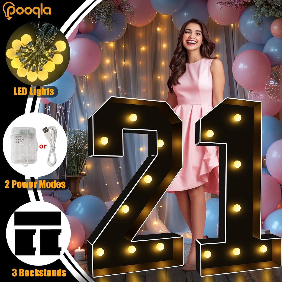 Pooqla 3 FT Light Up Marquee Numbers, Black Marquee Number Lights 3 Feet Tall for 9th 19th 90th