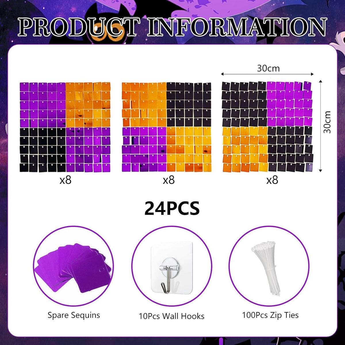 24PCS Black Orange Purple Shimmer Wall Backdrop, Halloween Square Sequin Photo Backdrops Panel