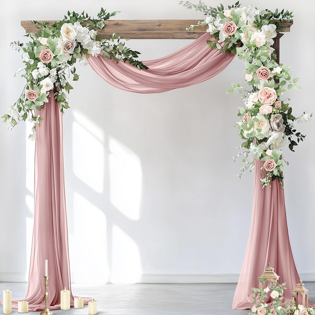 Socomi 29" x 19Ftt Wedding Arch Draping Fabric 2 Panels Dusty Rose Sheer Chiffon Curtain Drapes 6