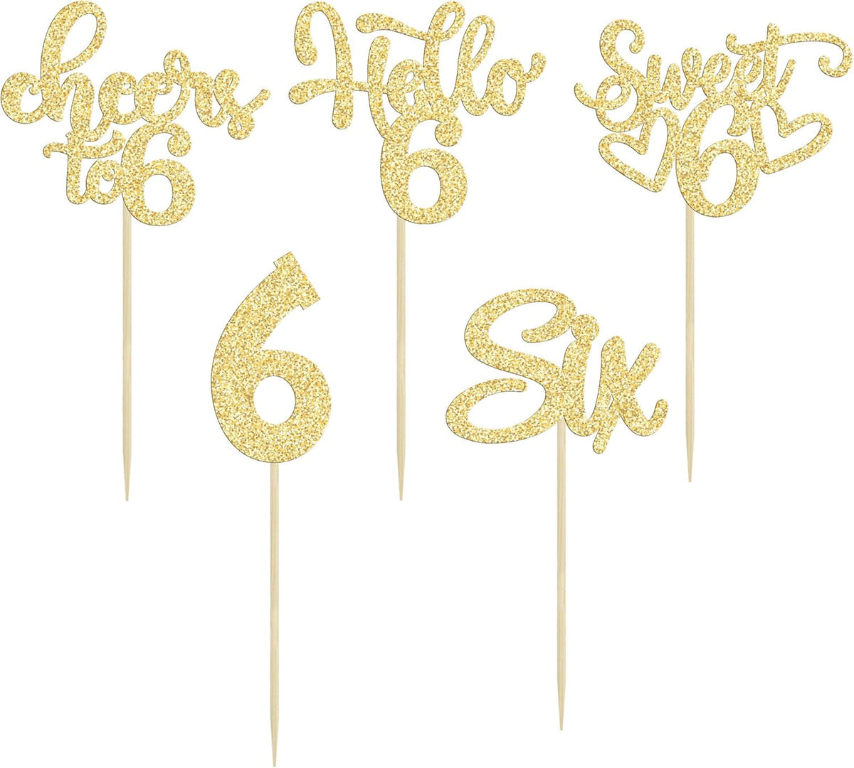 30Pcs 6th Birthday Cupcake Toppers Glitter Six Hello 6 Cupcake Picks Cheers to 6 Years Old Cake