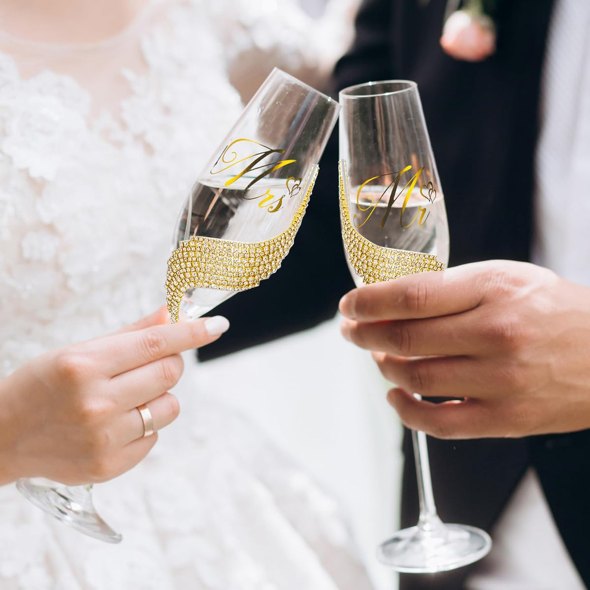 Wedding Cake Knife and Server Set, Gold Mr and Mrs Champagne Flutes and Cake Cutting Set for