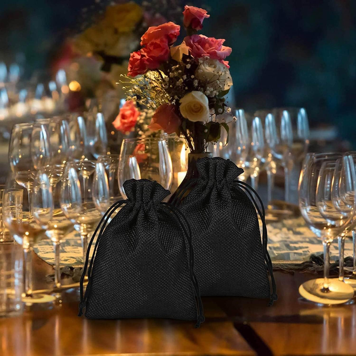 20Pcs Black Burlap Gift Bags with Drawstring, 5.9 x 7.5 Inch Linen Jewelry Gift Bags for Halloween