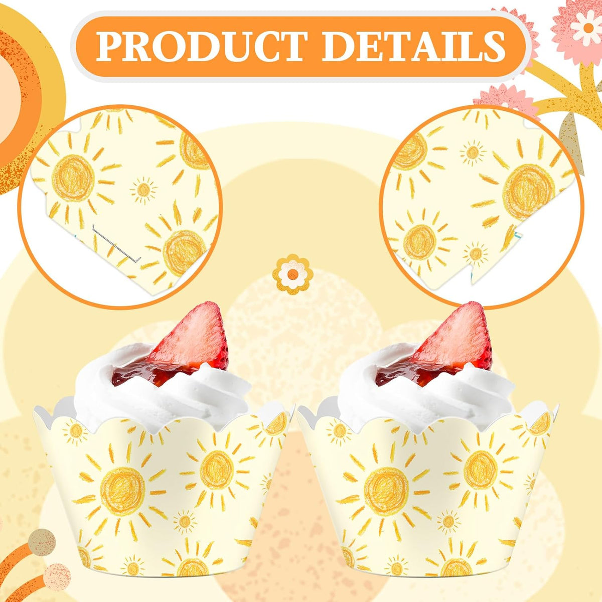 Domensi 100 Pcs Bohemian Sun Cupcake Wrappers Rustic Yellow Sunshine Cupcake Liners Baking Cups