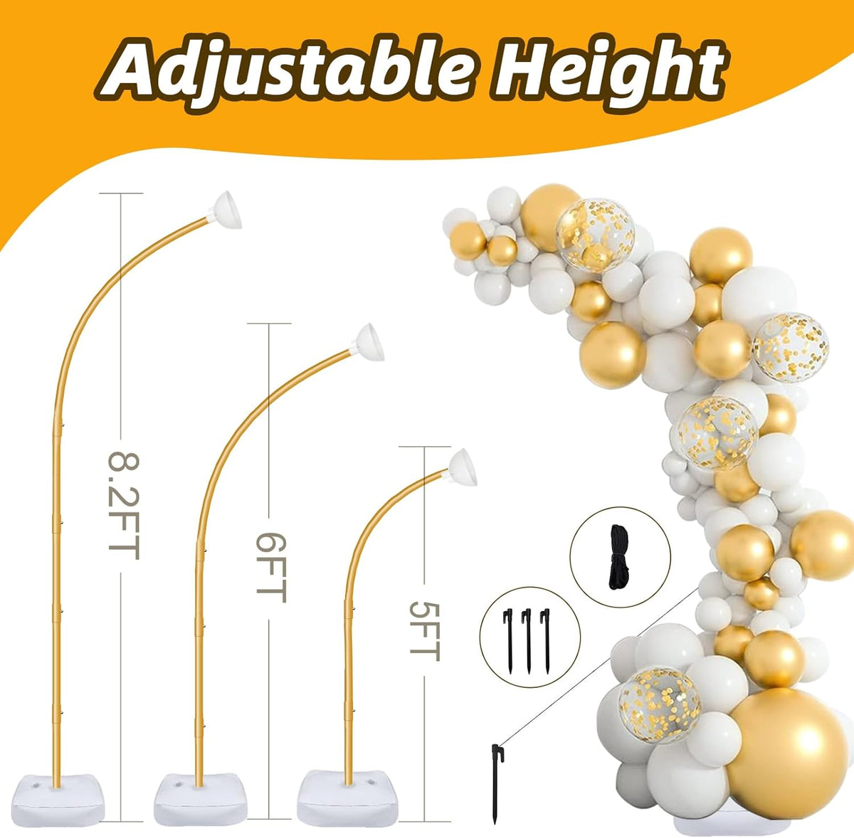 AerWo [Upgraded] Balloon Arch Kit 8.2ft+6ft, Gold Half Balloon Arch Stand with Base, Free Bending