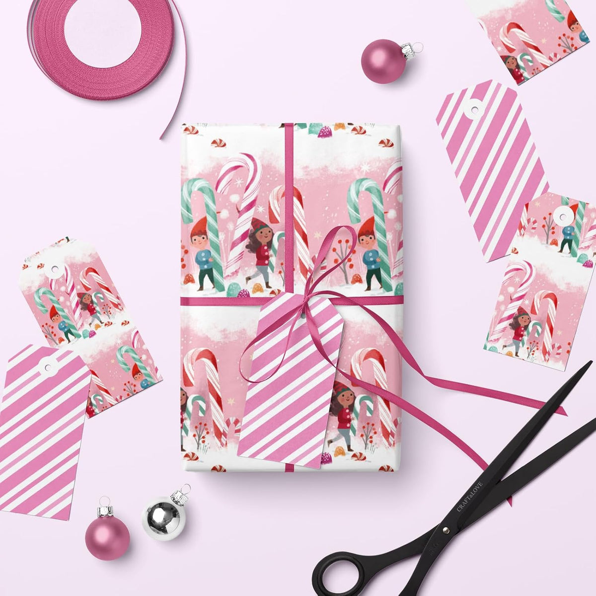 LeZakaa Christmas Pink Wrapping Paper Mini Roll for Kids, Playful Elf Cane Candy, Pink White Candy