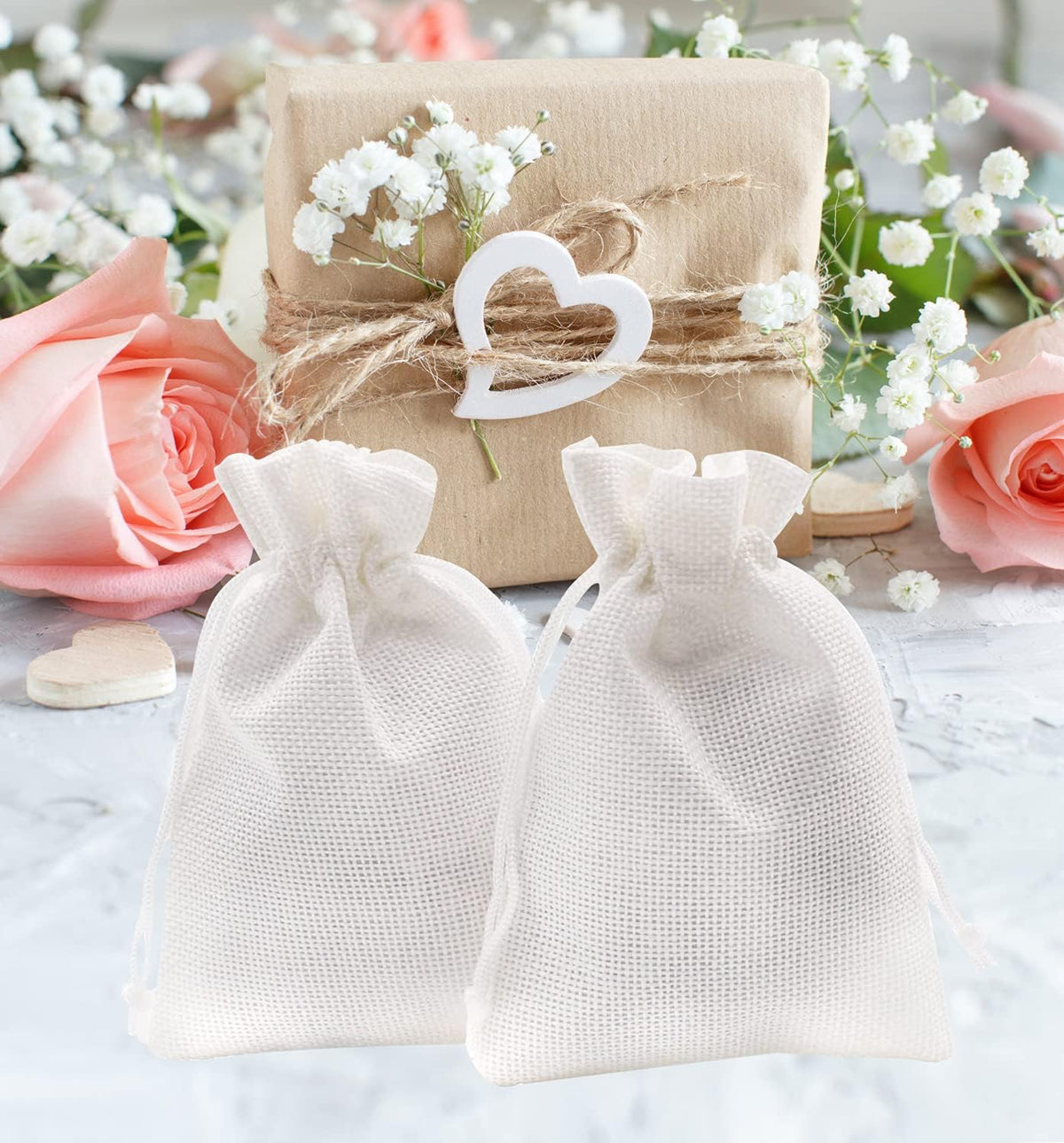 20pcs Burlap Bags with Drawstring, 5.9 x 7.5 inch White Linen Gift Bags Jewelry Pouches Sacks for