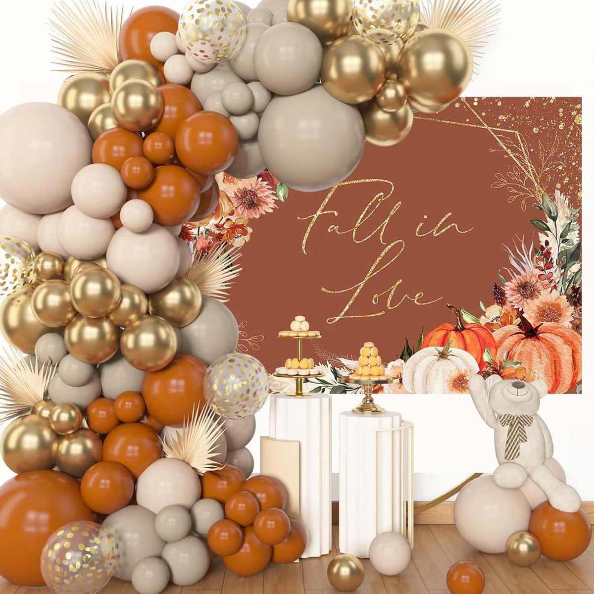 Mocsicka Fall in Love Bridal Shower Backdrop Boho Autumn Leaves Pumpkin Bride Shower Background