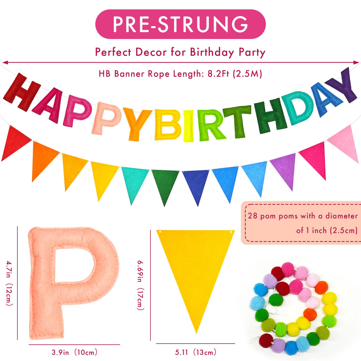 CANREVEL 3 PCS Pre-Strung 3D Happy Birthday Banner Decorations, Rainbow
