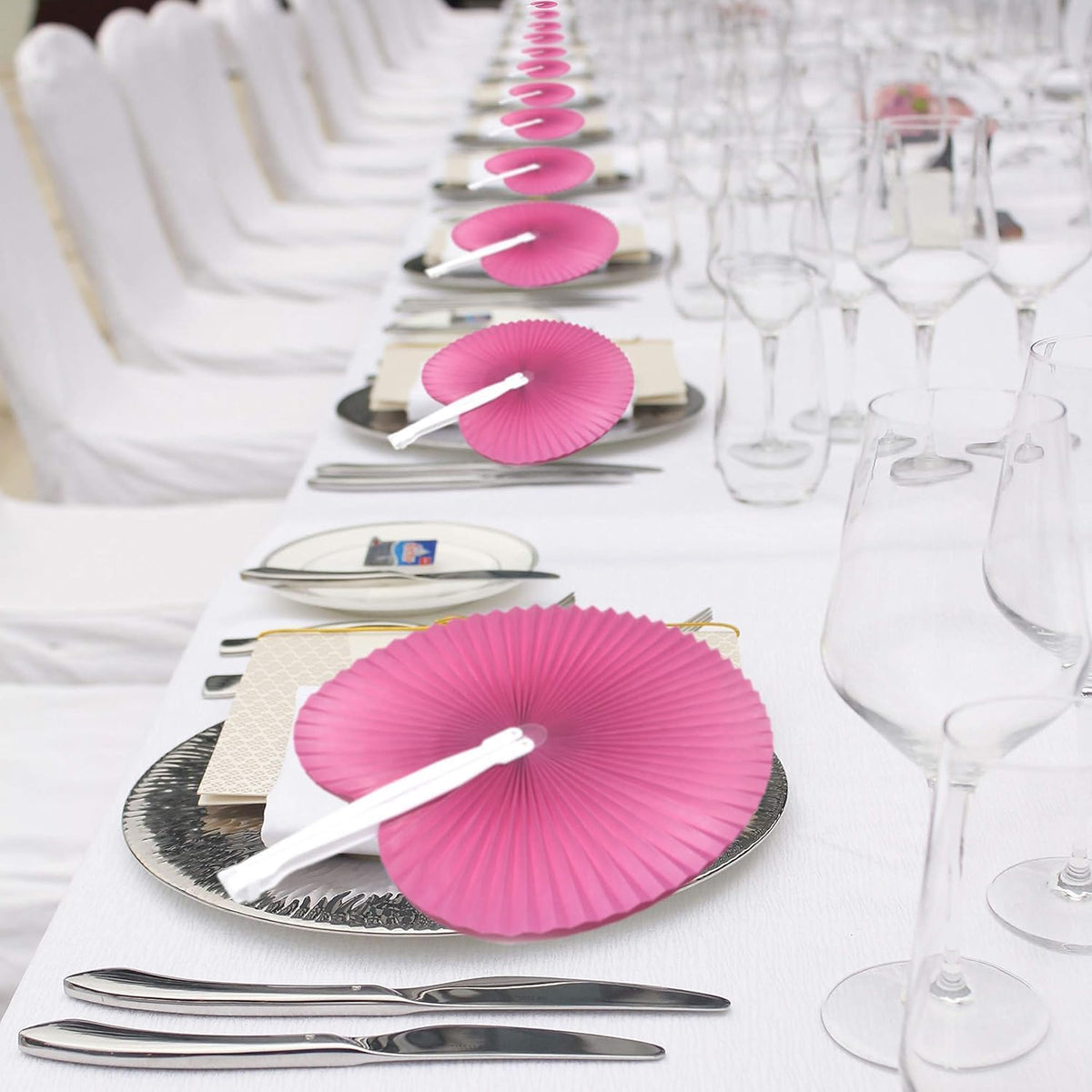 12 Packs Decorative Paper Folding Hand Fans Handheld,Hot Pink Round Foldable Wedding Fans Chinese
