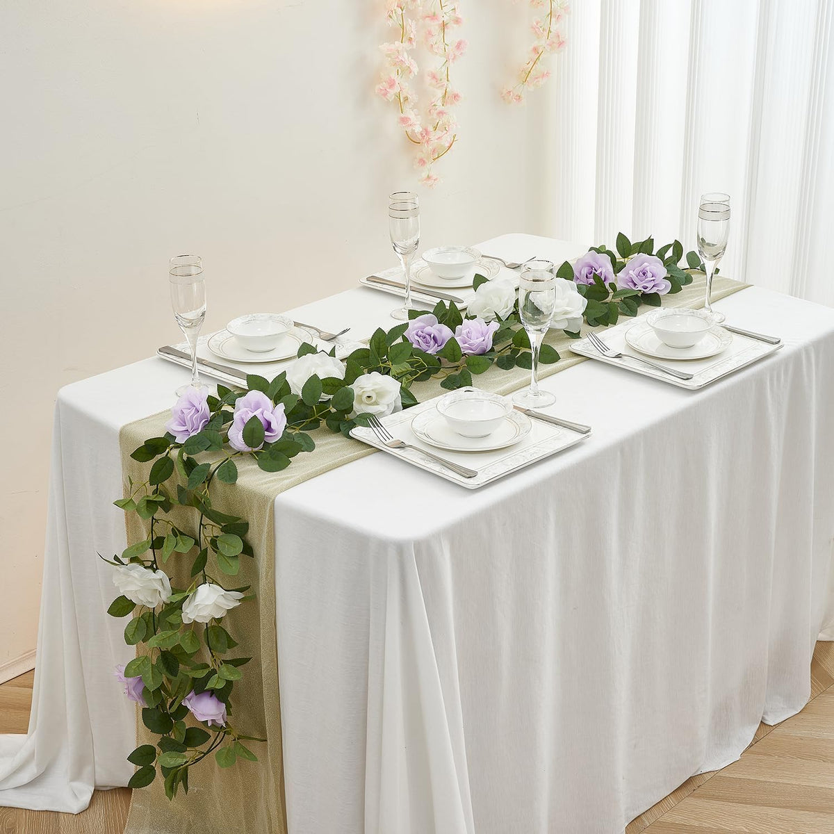 Lavender Artificial Rose Garlands Rose Vines Leaves Banners Hanging Floral Garland Fake Rose Flower