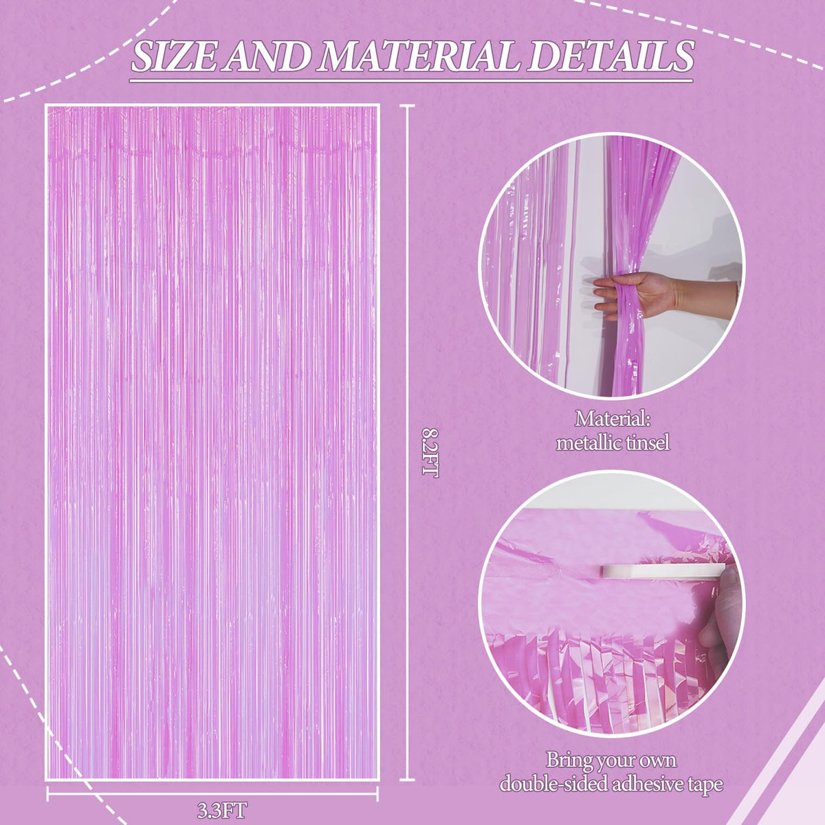 3 Pack Foil Fringe Backdrop - Pastel Purple Shiny Tinsel Curtains for Party Decoration/Photo Booth