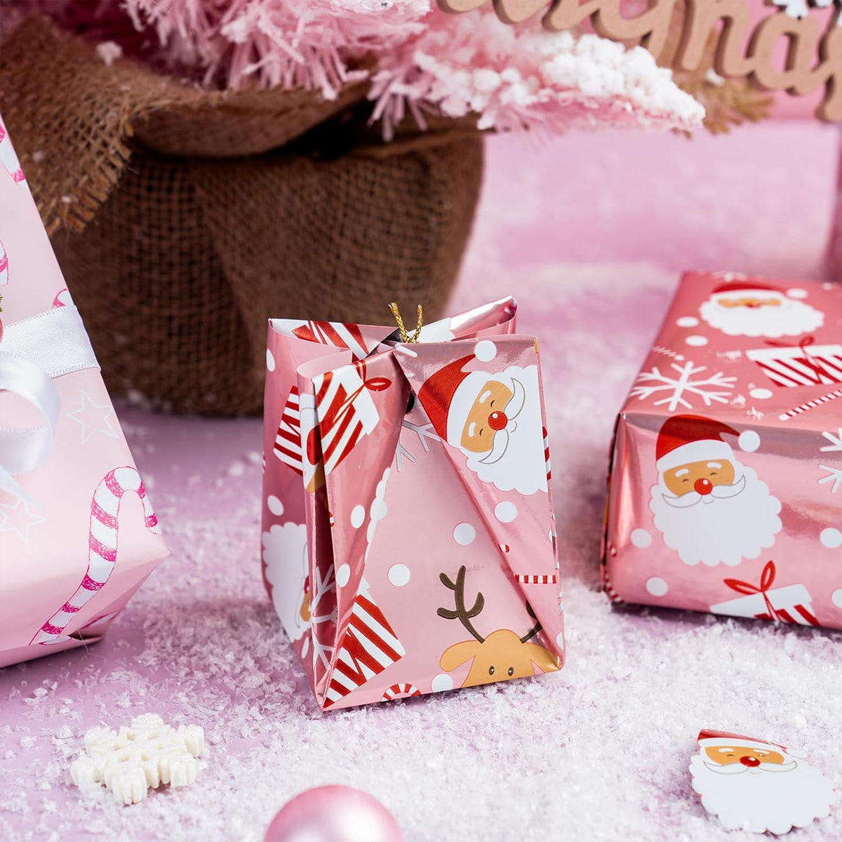 LeZakaa Christmas Pink Wrapping Paper Jumbo Roll, Santa Claus & Candy Cane, Metallic Foil, Rose