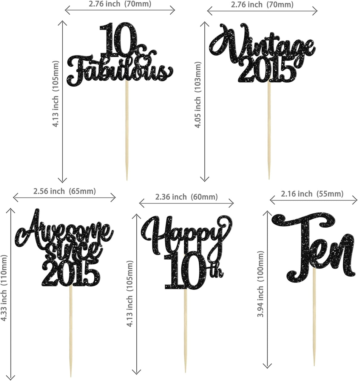 30Pcs Happy 10th Birthday Cupcake Toppers Glitter Ten Vintage 2015 Cupcake Picks Cheers to 10