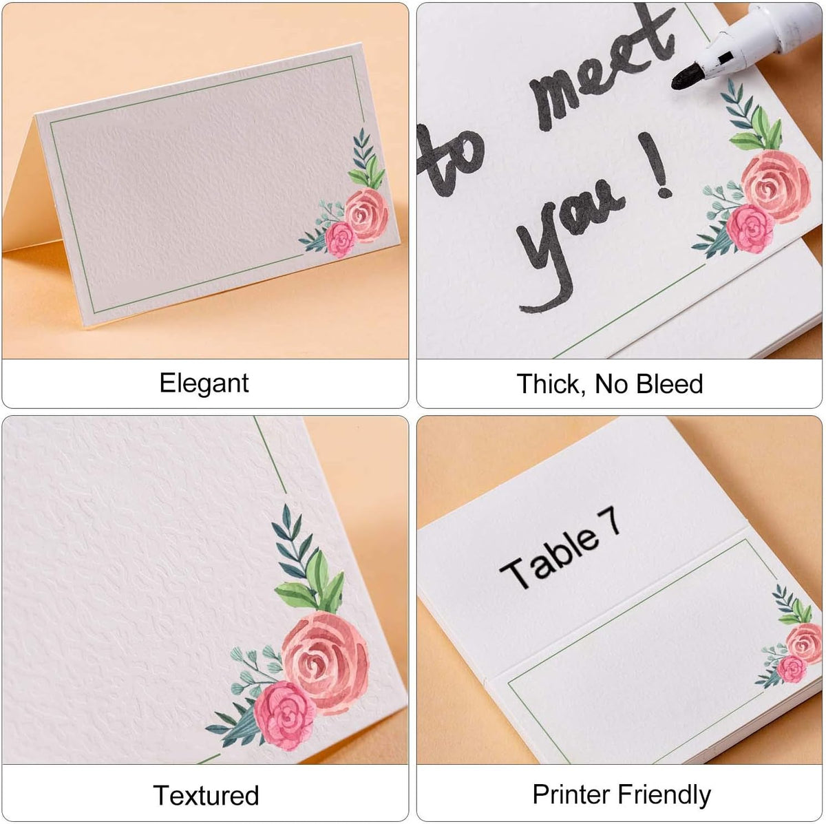 100Pcs Place Cards, Elegant Table Cards with Floral, Rustic Texture Seating Cards, Kraft Paper Name