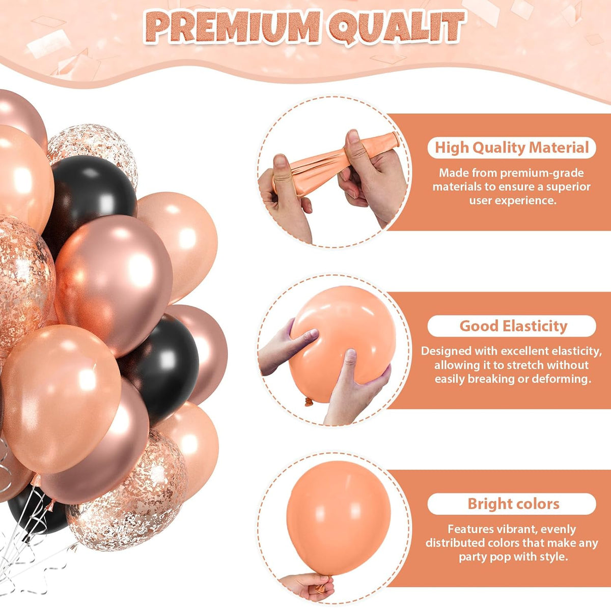 Black Rose Gold Balloons, 60pcs Rose Gold And Black Balloons, Metallic Pearl Matte Confetti Balloon