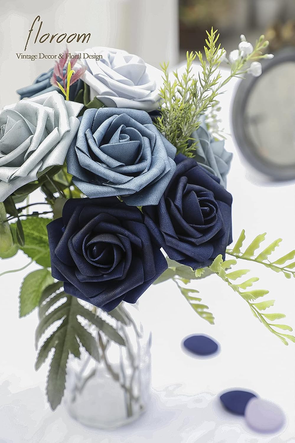 Floroom Artificial Flowers 25pcs Real Looking Blue Ombre Colors Foam Fake Roses with Stems for DIY