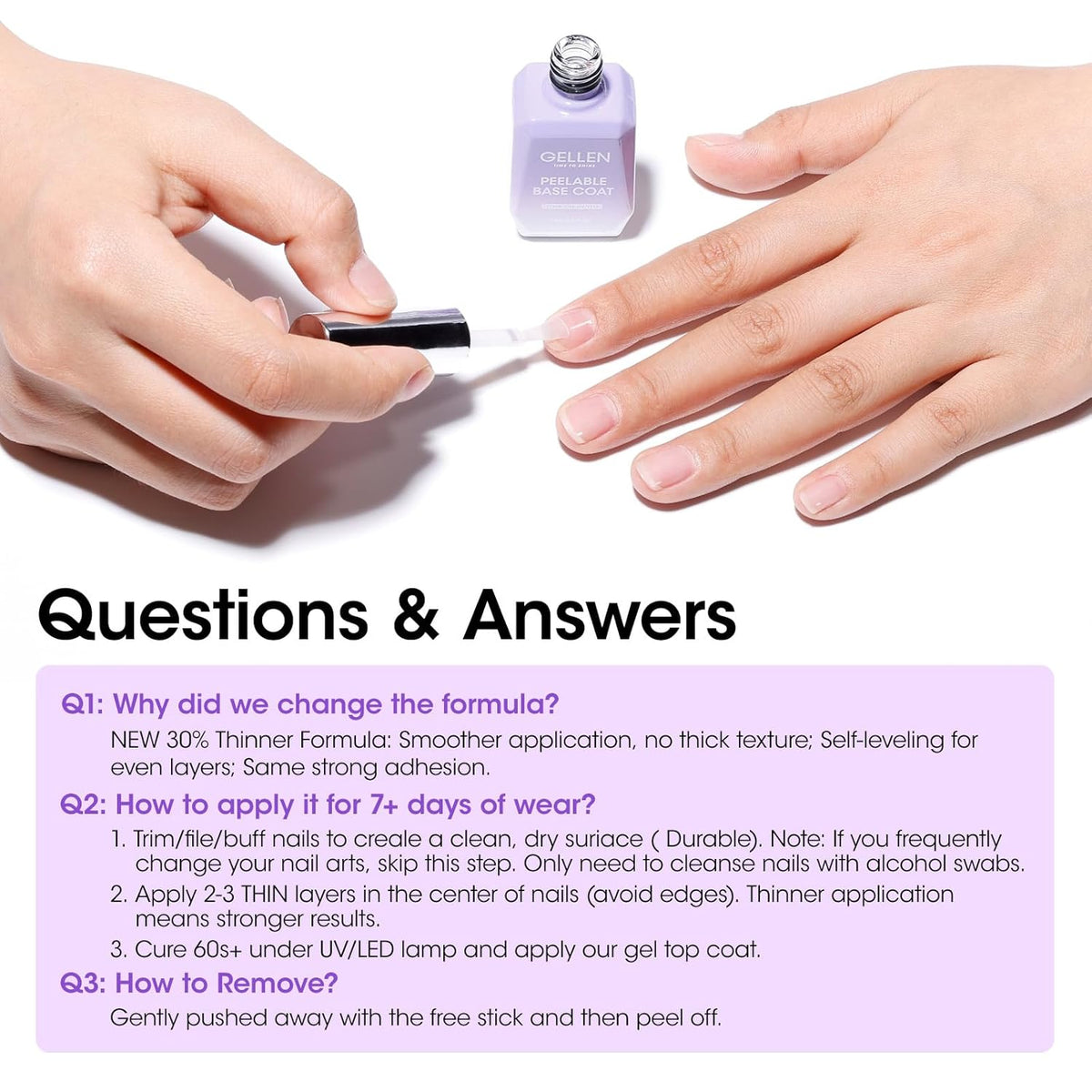 GELLEN Peel Off Gel Base Coat and Top Coat Set, Peelable Base Gel without Soaking, Clear Top Coat