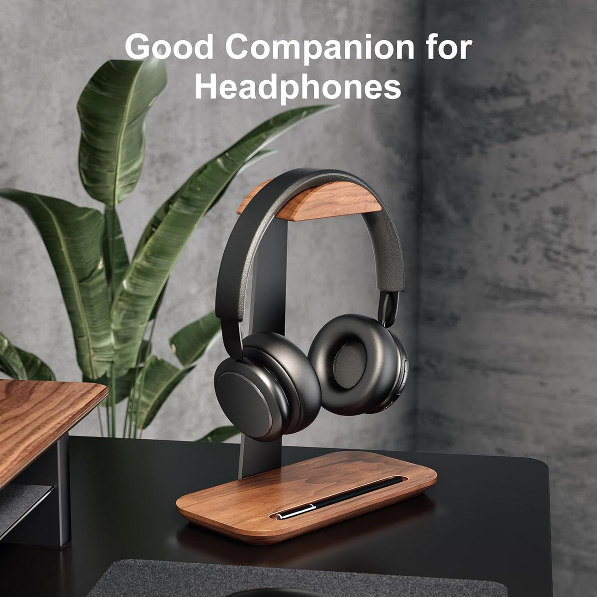 UPERGO Walnut Headphone Stand, Wood Headset Stand for Desk, Universal Headphone Holder with Storage