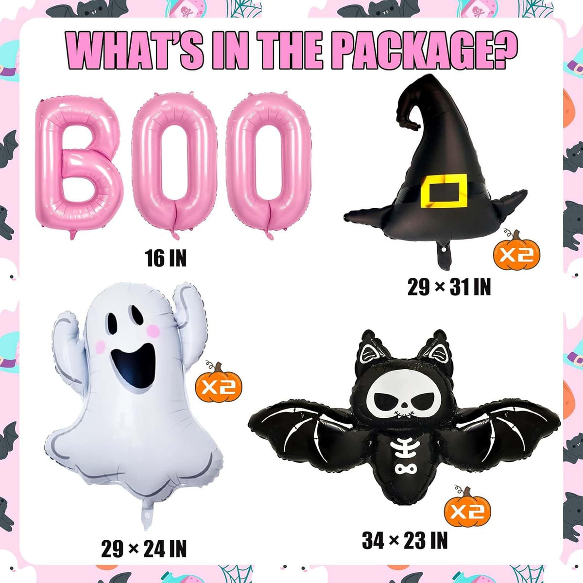 Halloween Balloons Decorations, Pink Boo Letter, Ghost, Bat, Wizard's Hat Foil Balloon for
