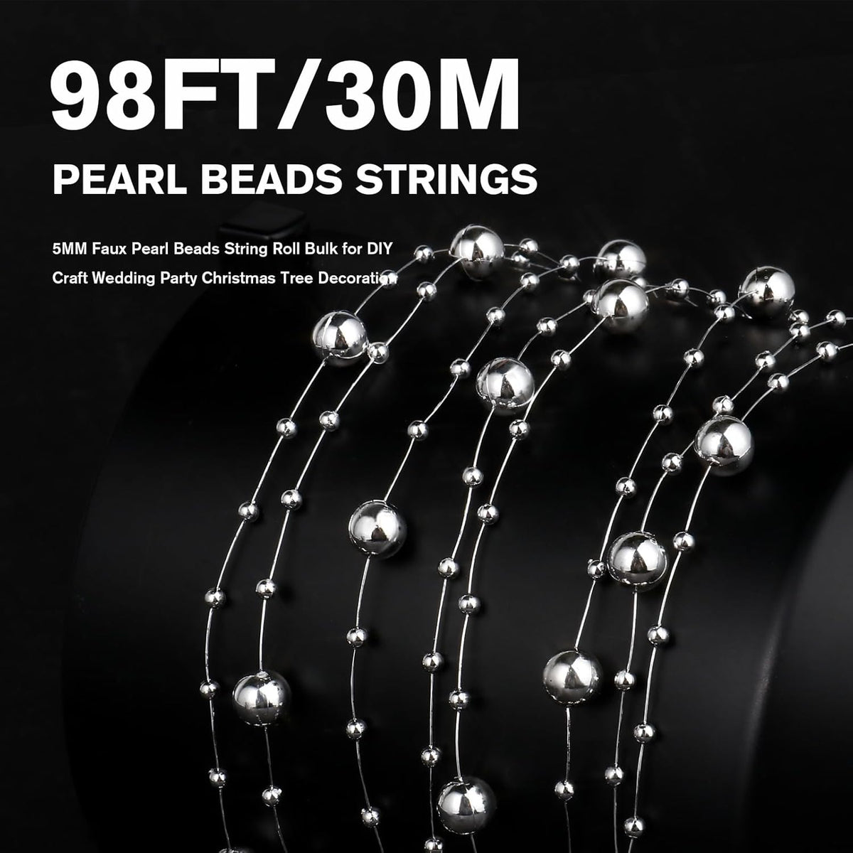 98FT Pearl Beads String Garland, 8mm 3mm Silver Faux Pearl Beads Roll Strand Bulk for Wedding Party