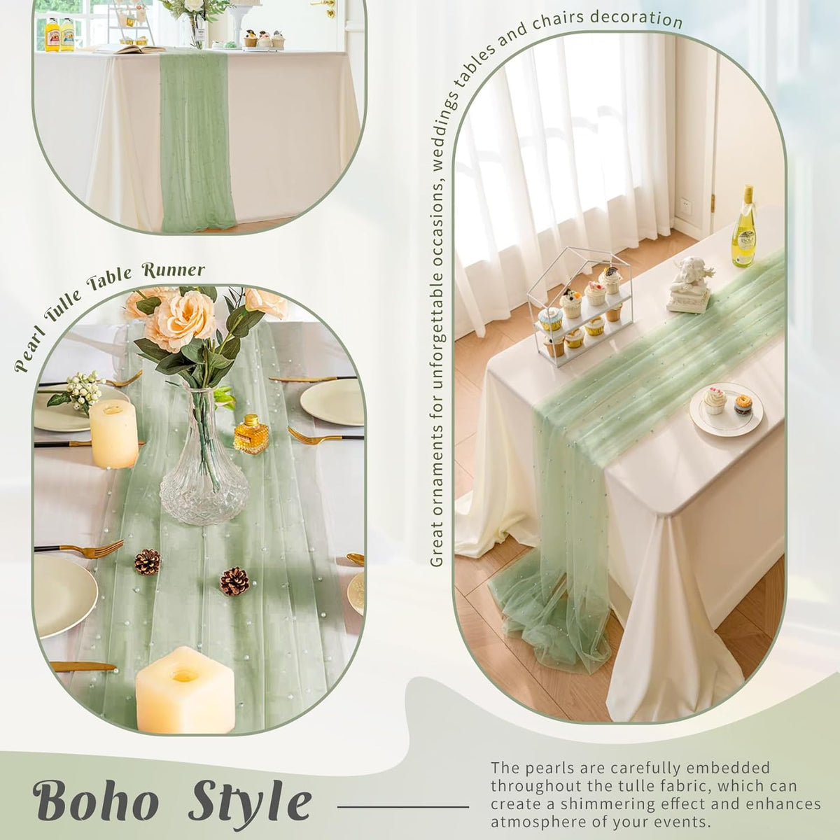 Pearl Table Runner 29 x 120 Inch Tulle Fabric Lace Table Runners Boho Rustic Tablecloth for Bridal