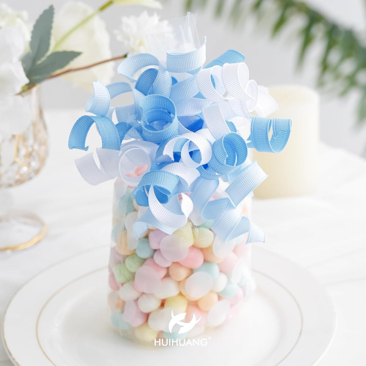 HUIHUANG Baby Boy Shower Gift Bows Blue and White Curly Ribbon Bows Self Adhesive Burst Gift Bow