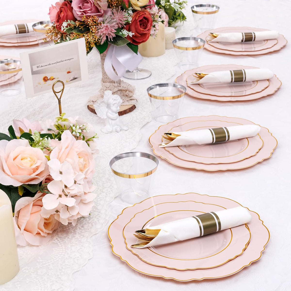 Liacere 350PCS Pink Plates Disposable - Pink and Gold Plates 50guest Baroque Plastic Dinnerware