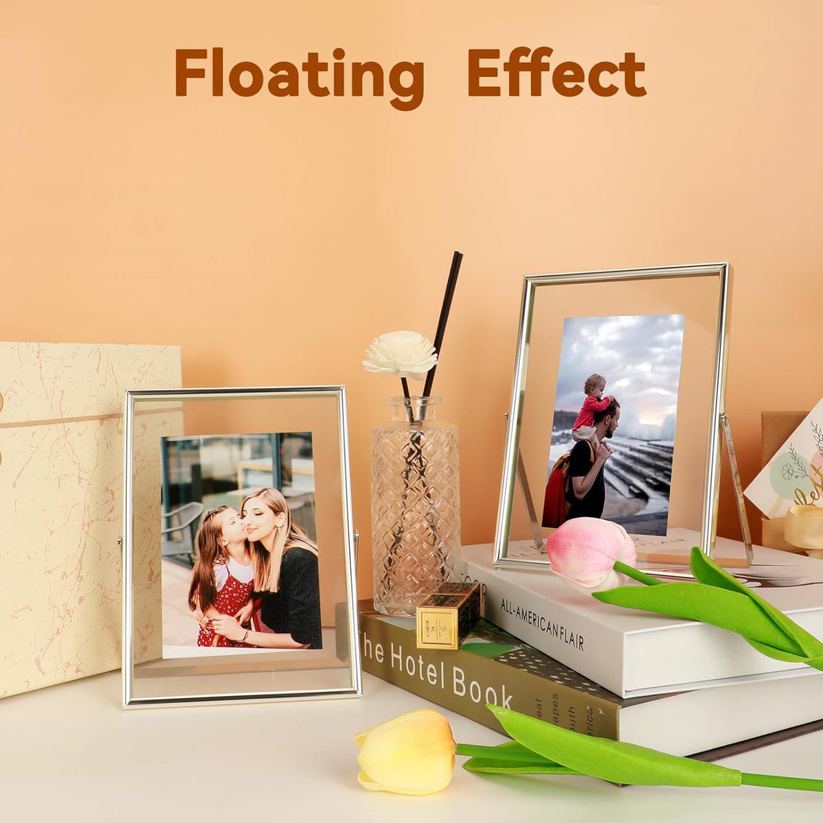 Silver Floating Frame (5"x7", Vertical), For Picture 4x6, 3.5x5, 2x3, Small Desktop Photo Frame