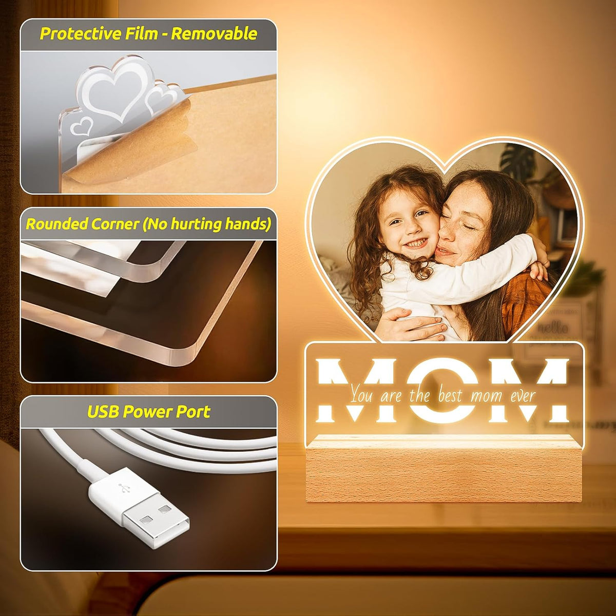 Personalized Birthday Gifts for Mom from Daughter and Son, Custom Heart Picture Frames with Photo
