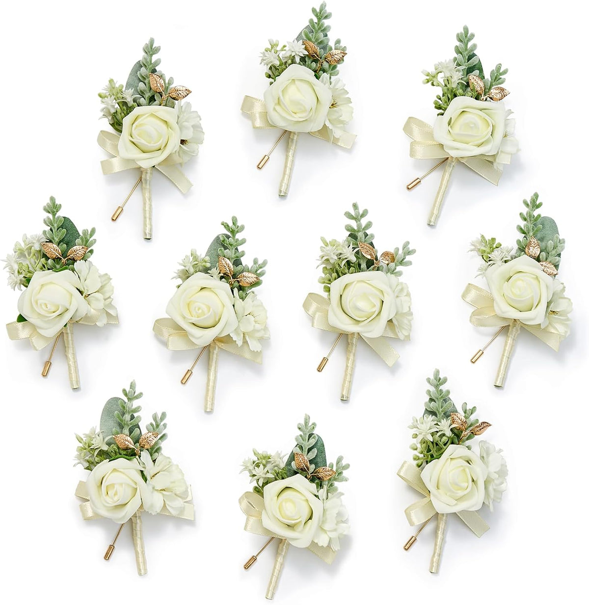 Serwalin 10Pcs Boutonniere for Men, White Groom and Best Man Boutonniere, Artificial Flowers for