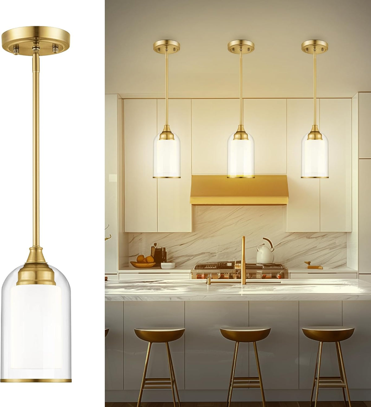 LIROUVET Gold Pendant Lights Kitchen Island - Dual Glass Pendant Light, 1-Light Hanging Light with