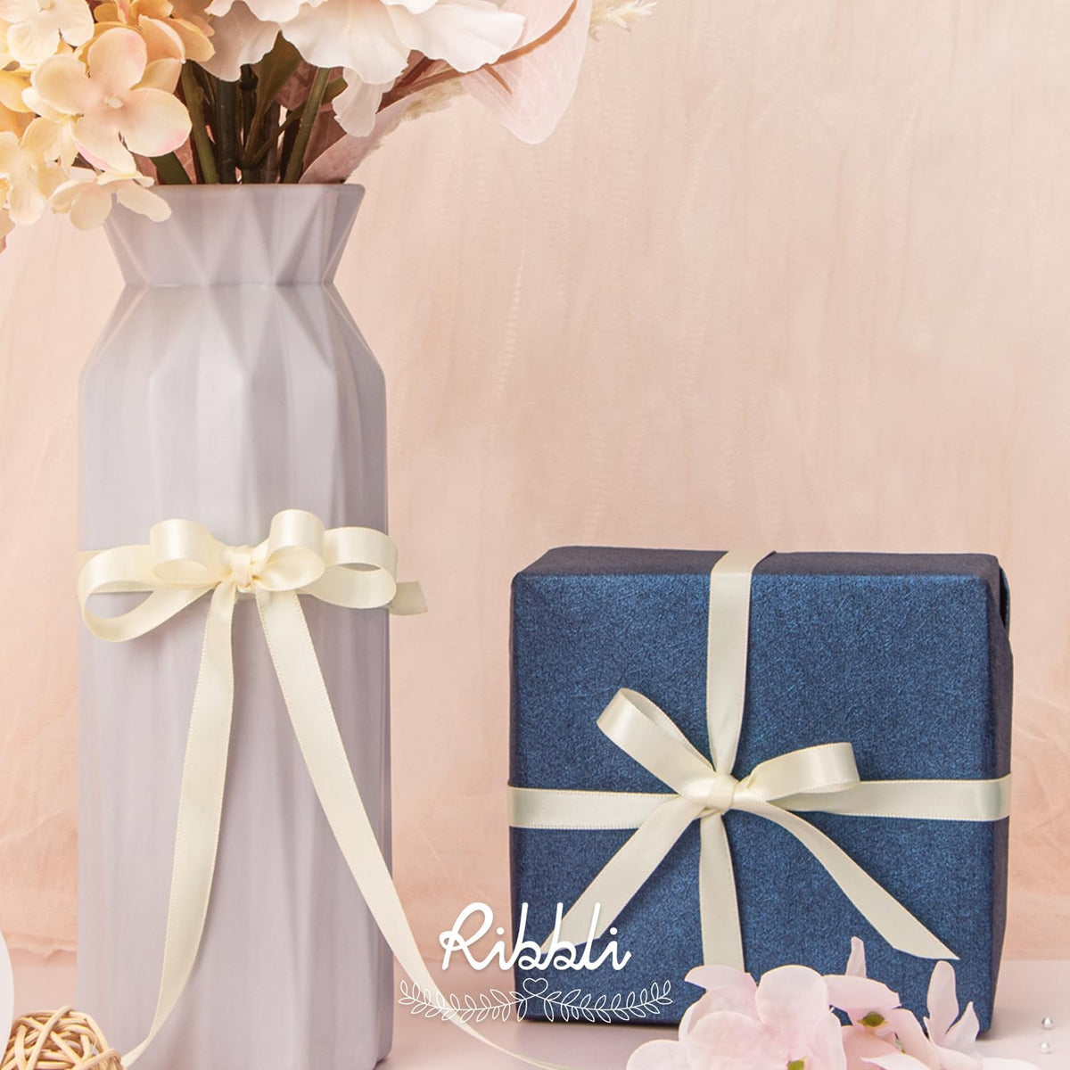 Ribbli Double Faced Ivory Satin Ribbon,3/8” x Continuous 25 Yards,Use for Bows Bouquet,Gift